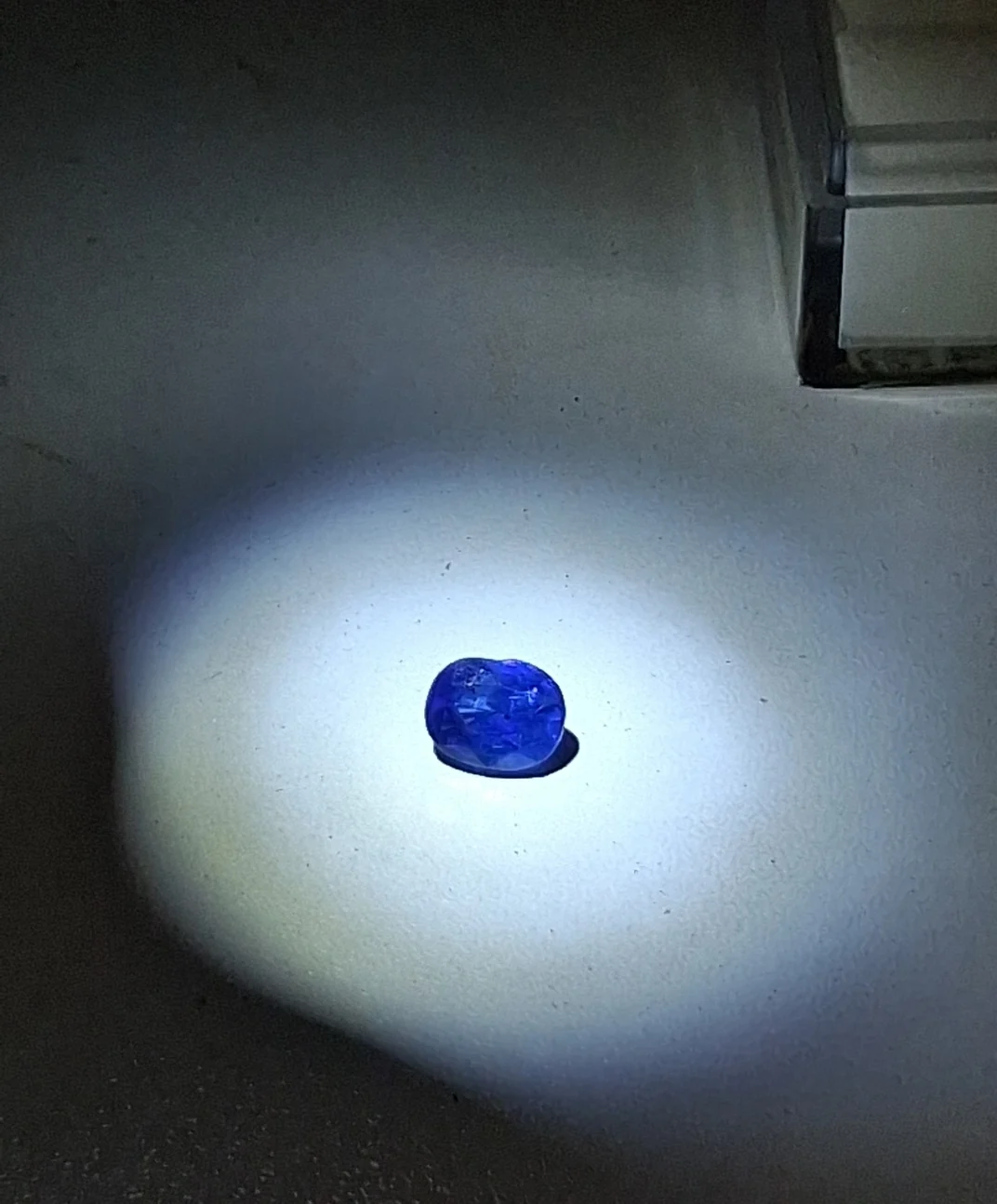 Close view of the loose oval blue sapphire under light